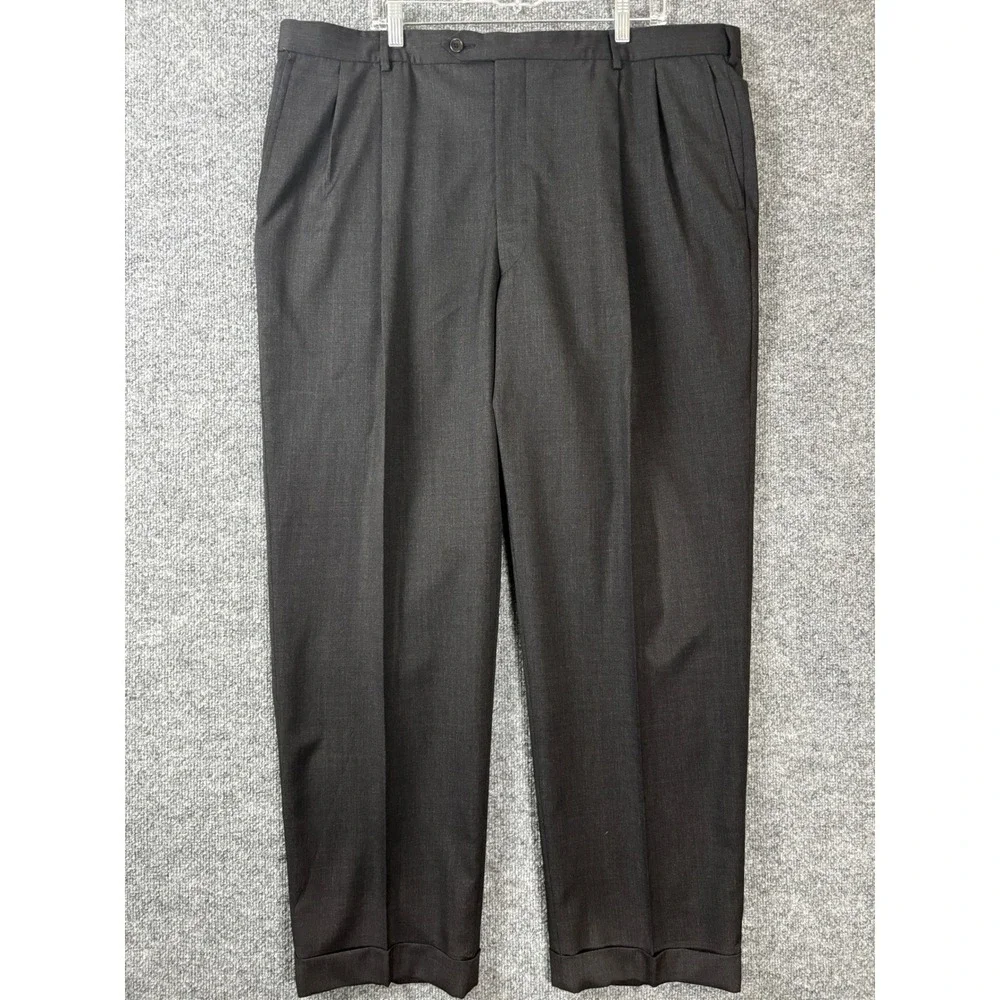 Brooks Brothers Dress Pants Men 43x30.5 Charcoal Grey 100% Wool Pleated Cuffed